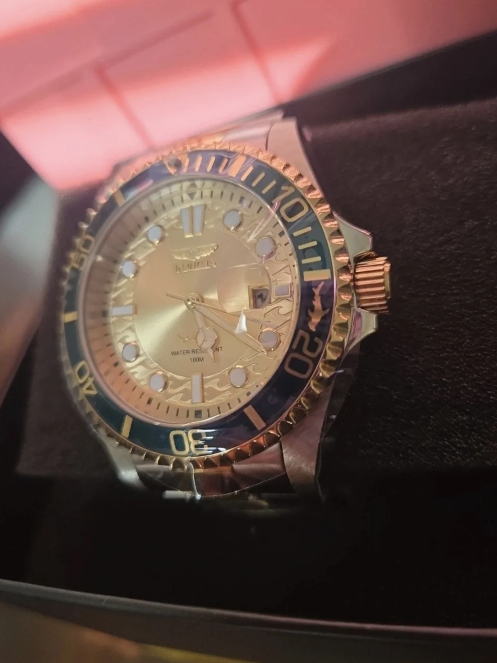 30022Invicta Pro Diver Current Wave 2-Tone Men's Watch Gold Dial Blue Bezel 43mm